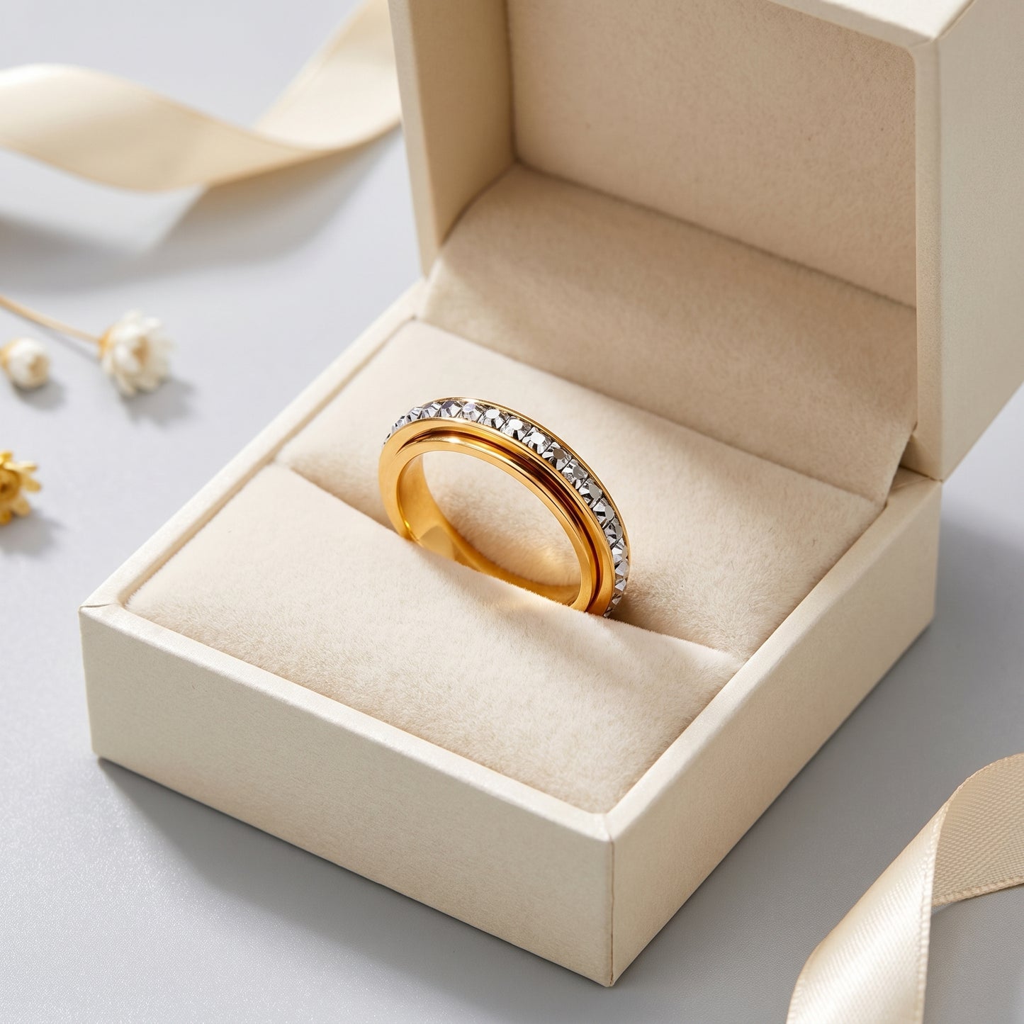 Titanium Steel Spinning Cubic Zirconia Anxiety Relief Ring